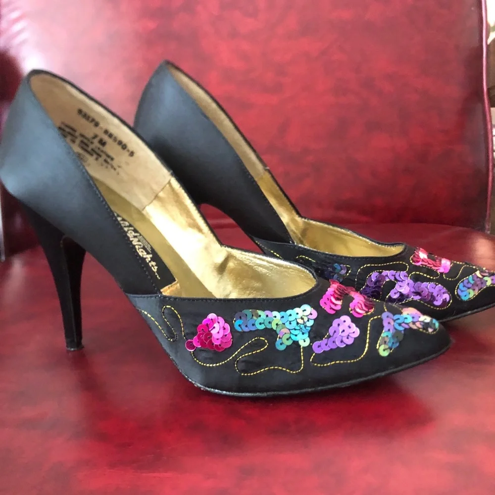 Vintage 80s Black Sequin Embellished Women's High Heels
